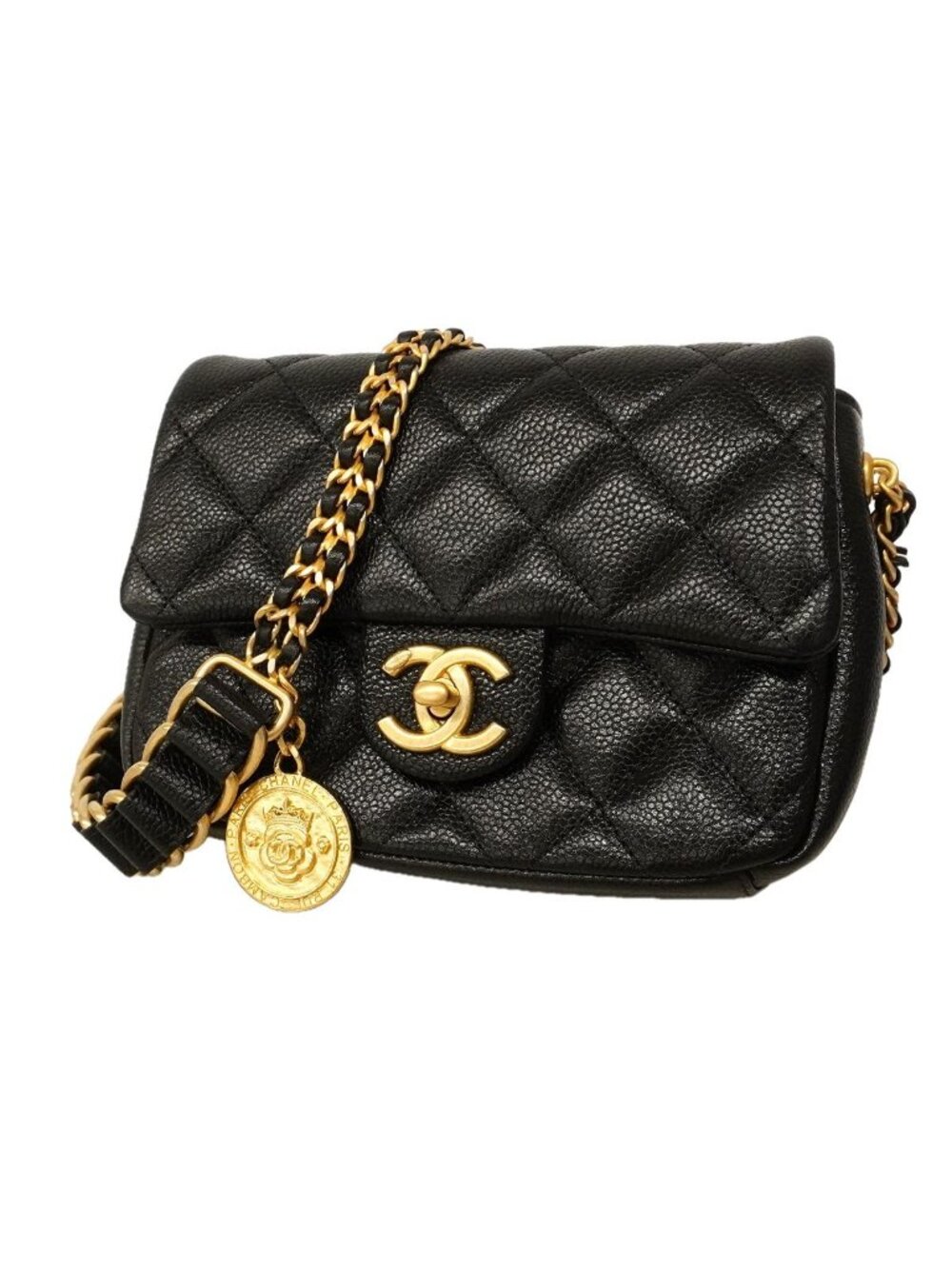 Chanel Shoulder Bag Mini Quilted Caviar Leather Black Gold